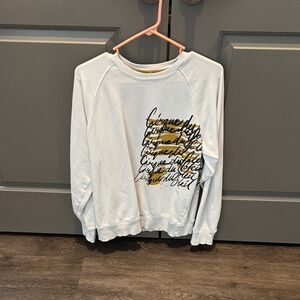 White Graphic Crewneck Sweatshirt with Script and Gold Accent